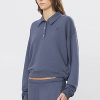 Washed Navy French Terry Cropped Polo Sweatshirt