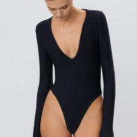 Black Cotton Modal Long Sleeve Deep-V Bodysuit