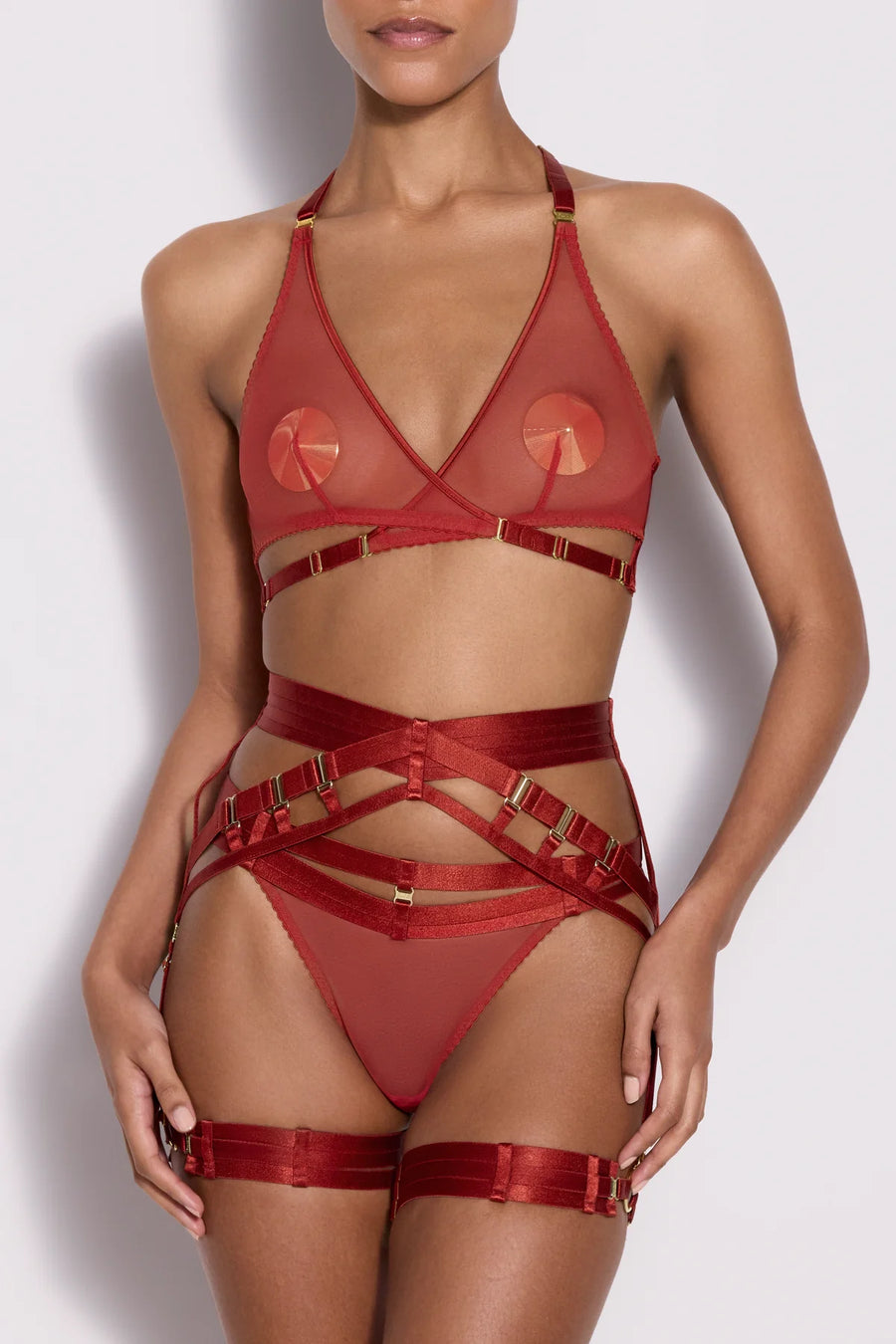 Burnt Red Art Deco Mesh Wrap Bra