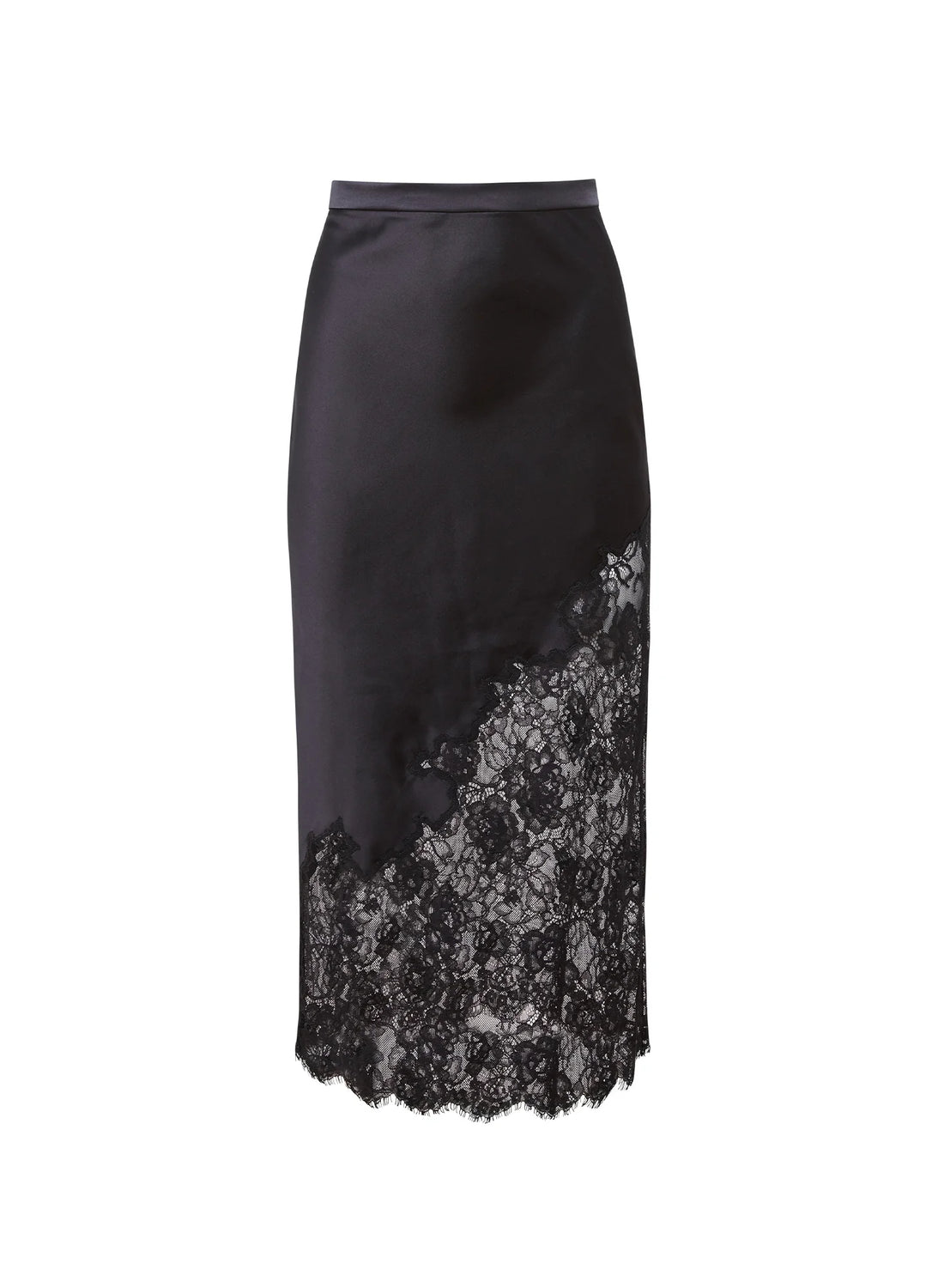 Black Silk & Lace Scallop Midi Skirt