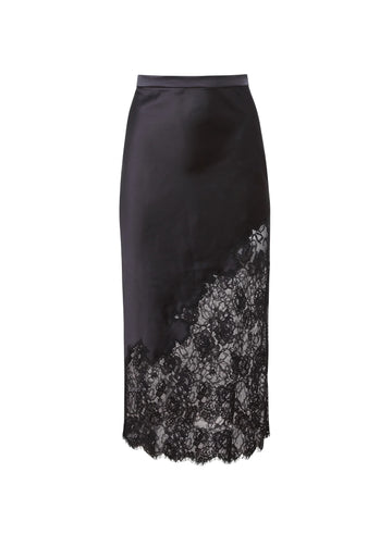 Black Silk & Lace Scallop Midi Skirt