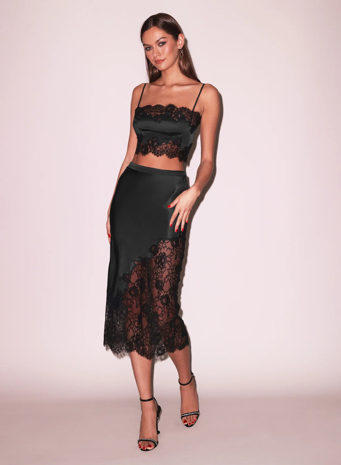 Black Silk & Lace Scallop Midi Skirt