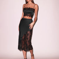 Black Silk & Lace Scallop Midi Skirt