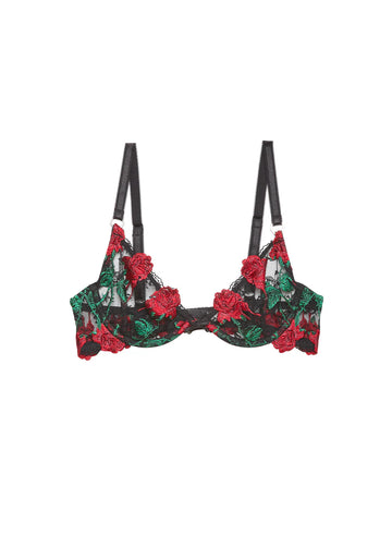 Black Bleeding Rose Embroidery Demi Bra