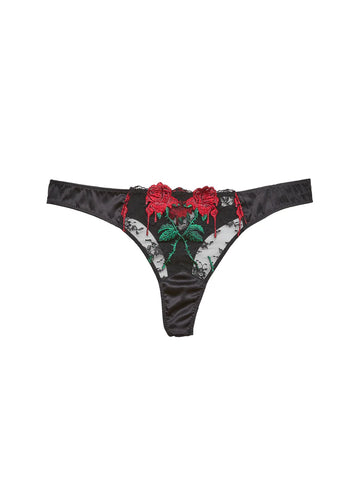 Black Bleeding Rose Embroidery Thong