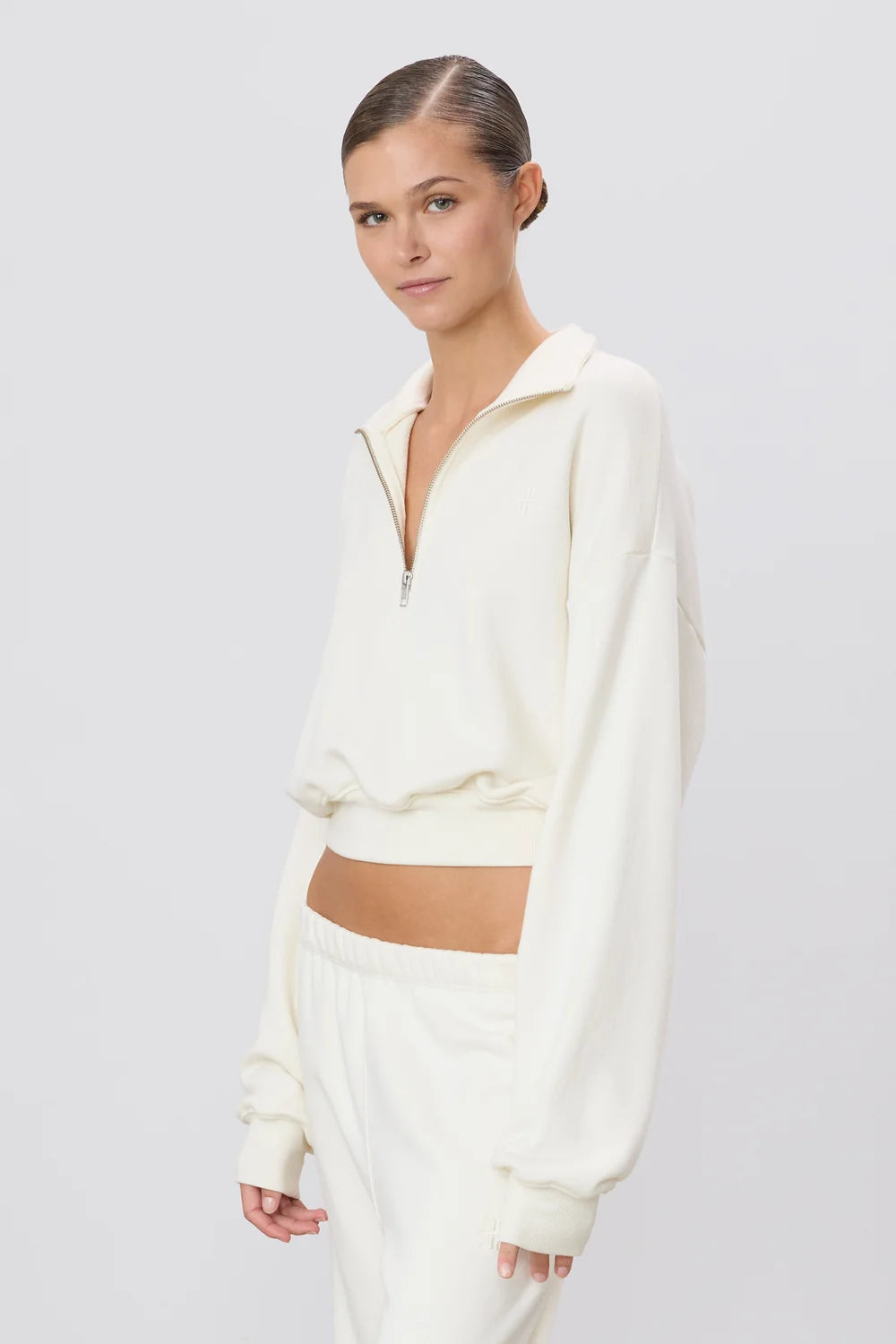 French Terry Cream Cropped Half-Zip Sweatshirt