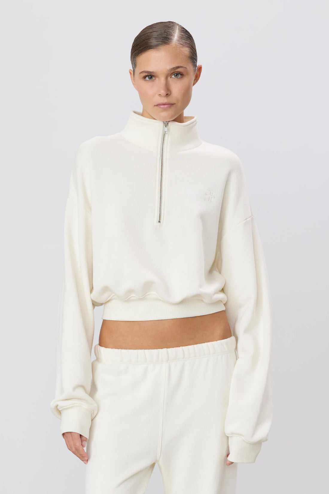 French Terry Cream Cropped Half-Zip Sweatshirt