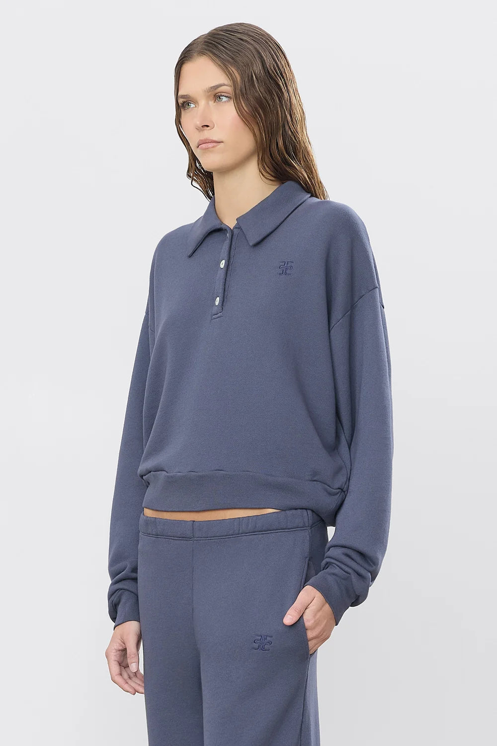 Washed Navy French Terry Cropped Polo Sweatshirt