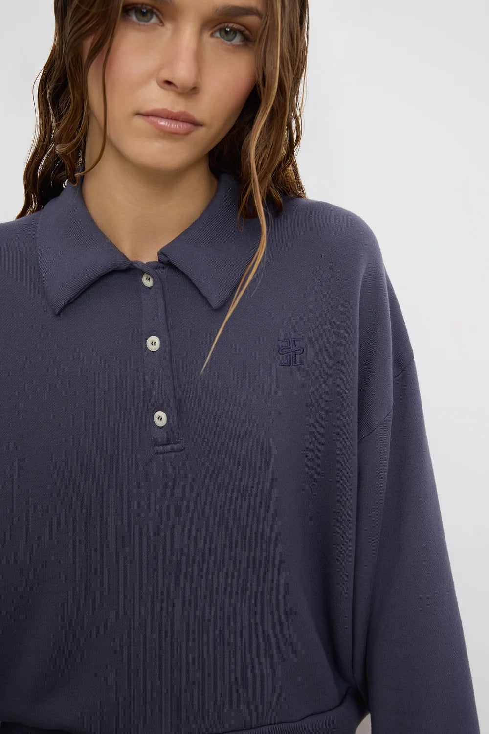 Washed Navy French Terry Cropped Polo Sweatshirt
