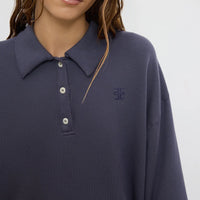 Washed Navy French Terry Cropped Polo Sweatshirt