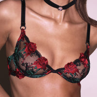 Black Bleeding Rose Embroidery Demi Bra