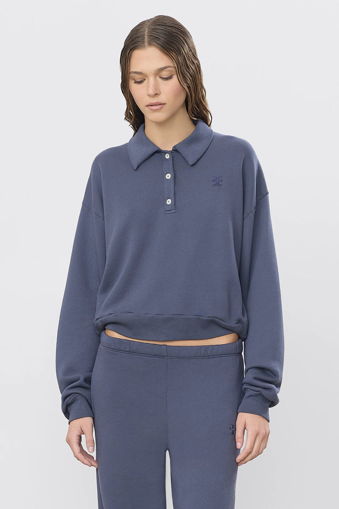 Washed Navy French Terry Cropped Polo Sweatshirt
