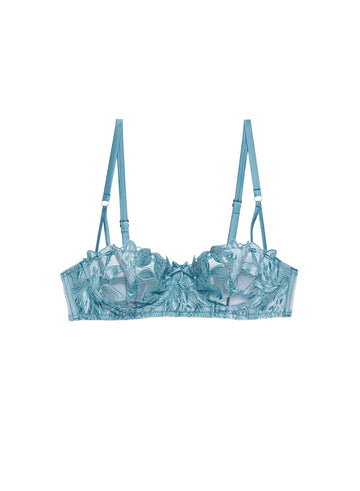 Icy Teal Velvet Lily Embroidery Balconette Bra