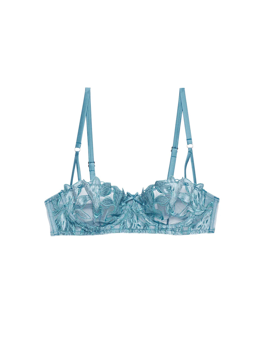 Icy Teal Velvet Lily Embroidery Balconette Bra