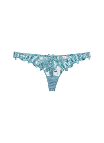 Icy Teal Velvet Lily Embroidery Thong