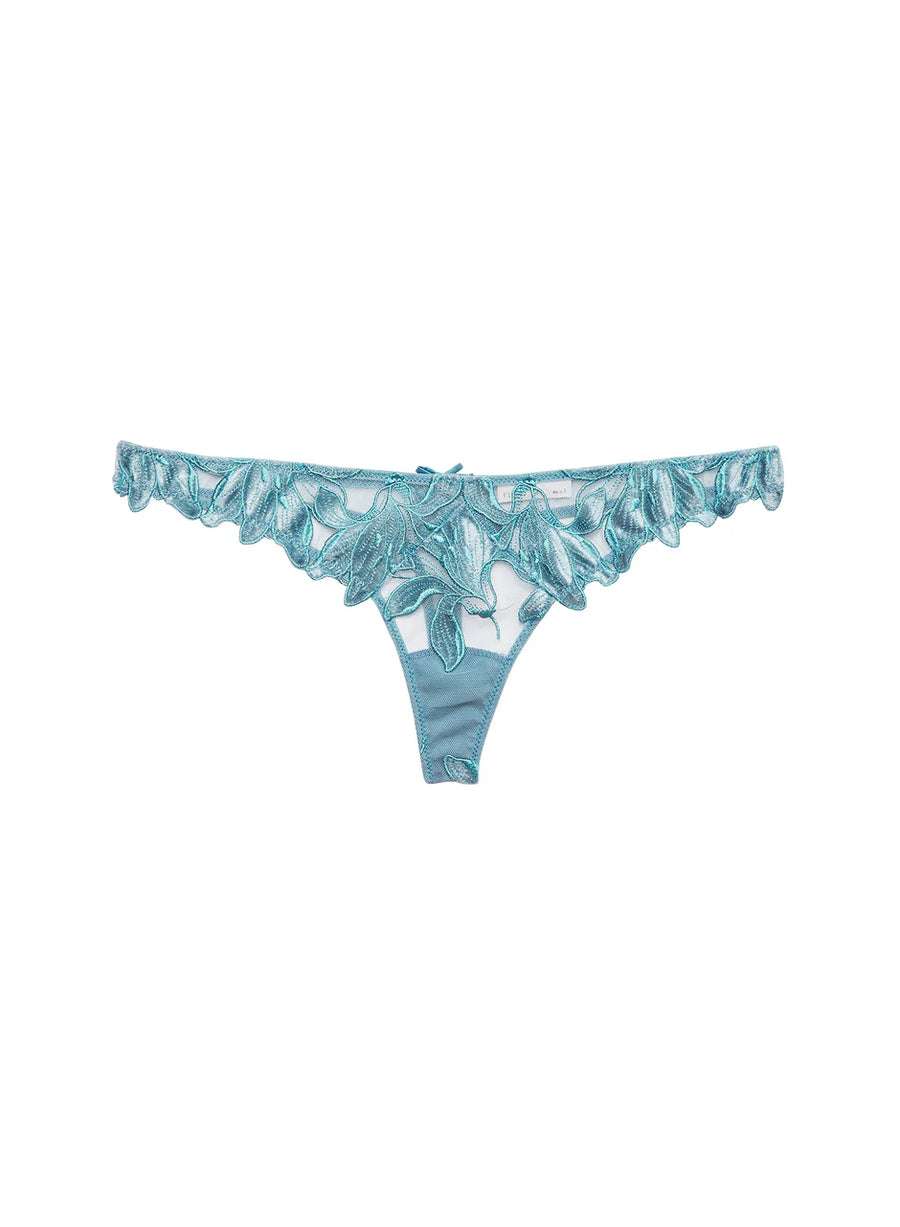 Icy Teal Velvet Lily Embroidery Thong