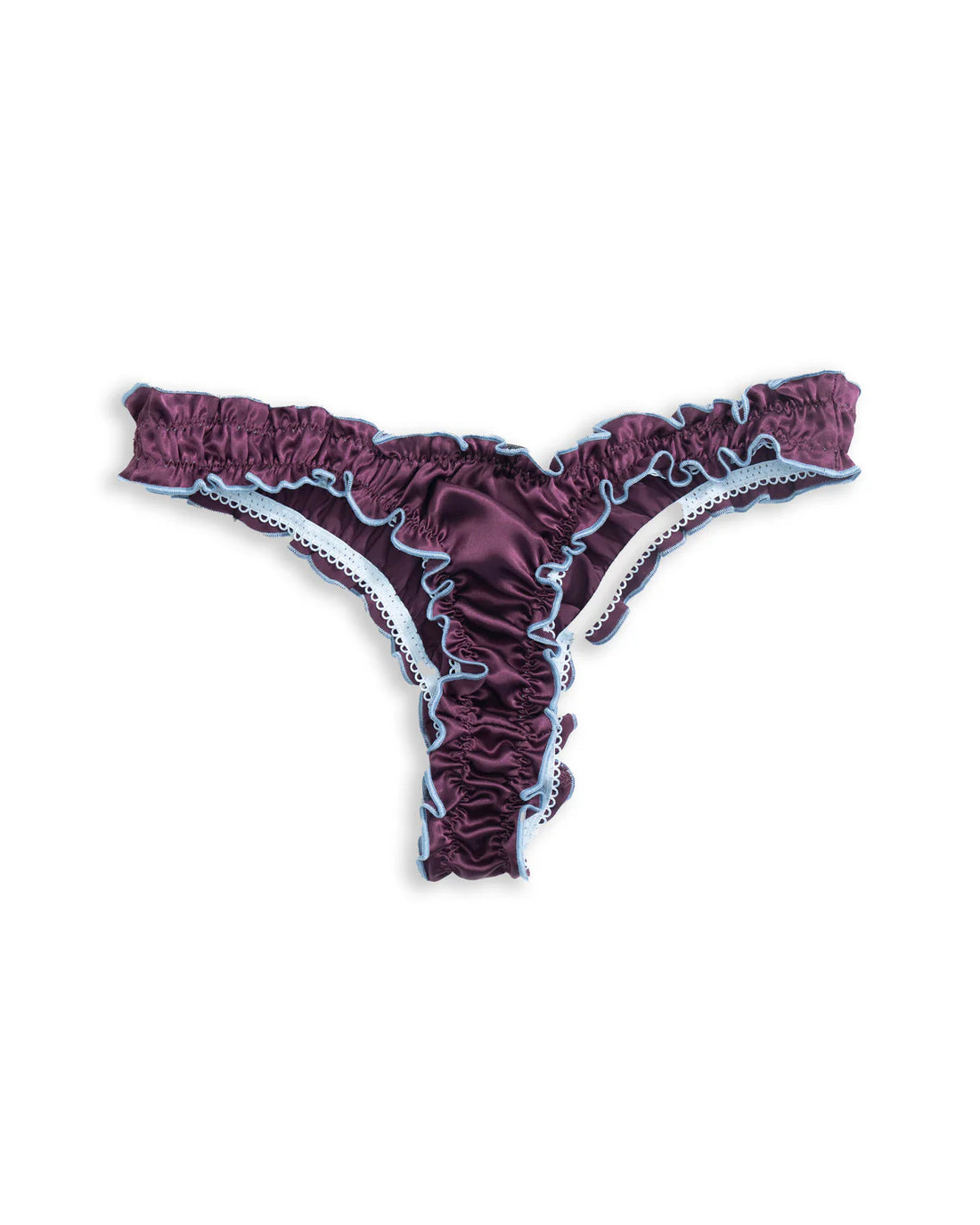 La Isabella: Deep Burgundy Silk Tanga with Baby Blue Trim