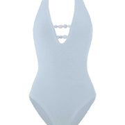 Metallic Ice Blue Adriana Beaded Swimsuit