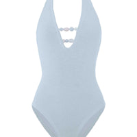 Metallic Ice Blue Adriana Beaded Swimsuit