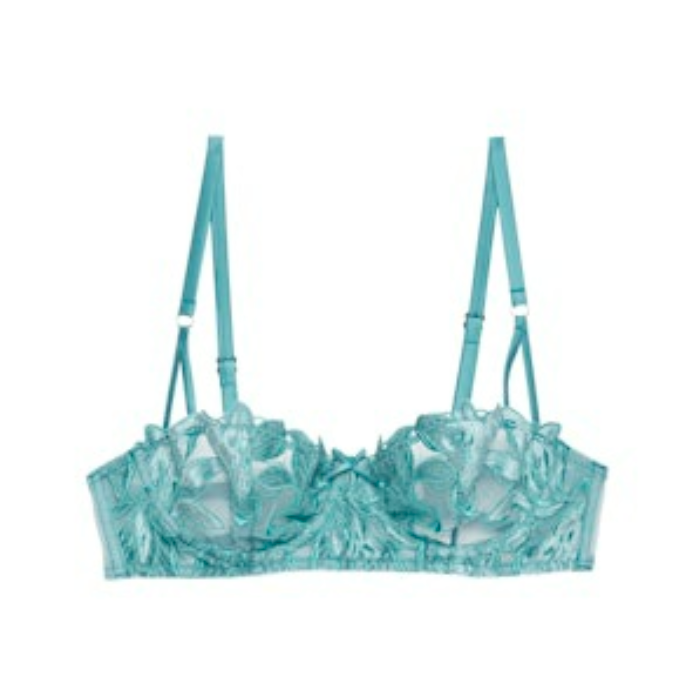 Icy Teal Velvet Lily Embroidery Balconette Bra