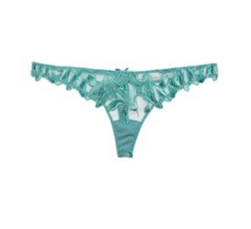 Icy Teal Velvet Lily Embroidery Thong