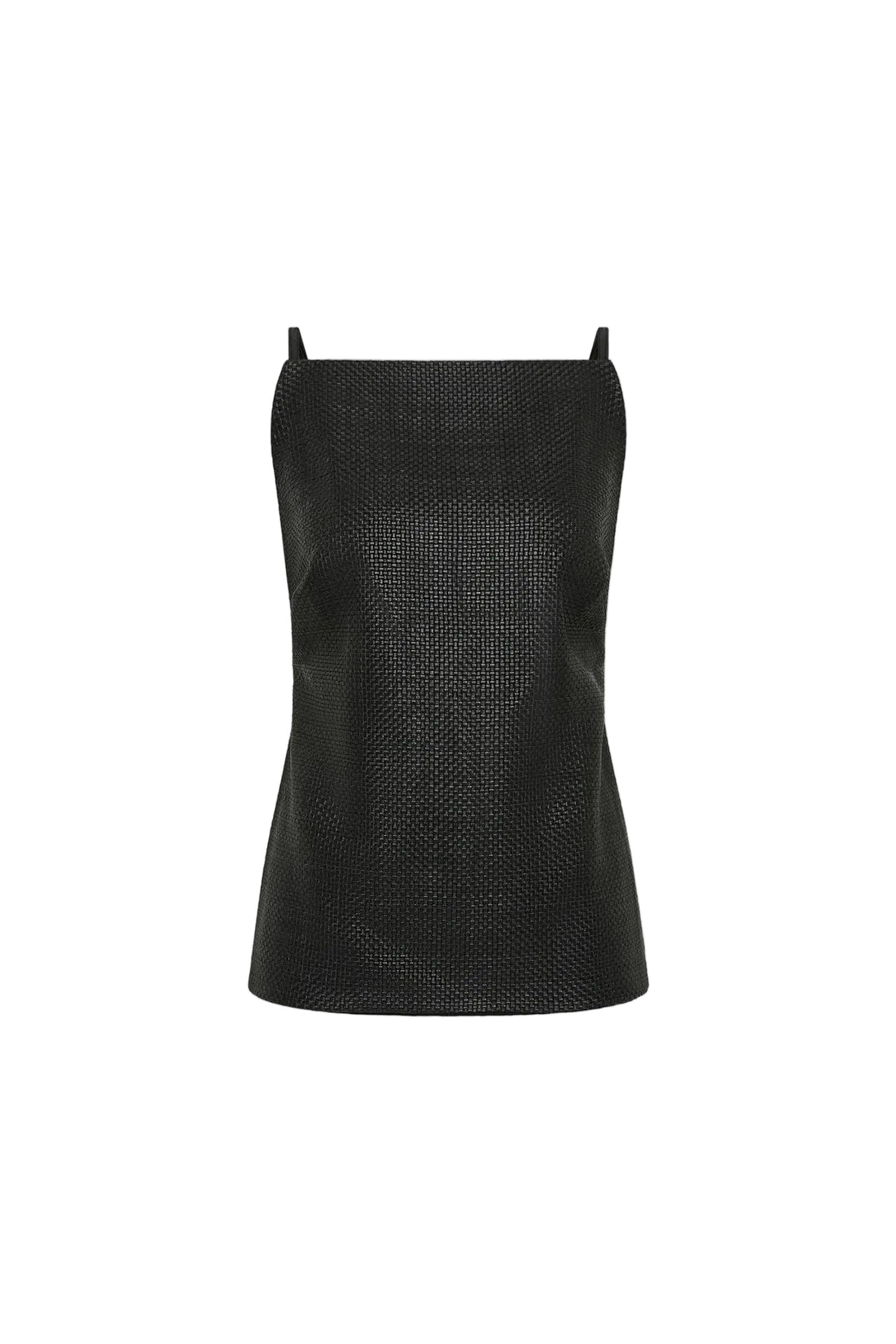 Black Woven Leather Square Neck Top