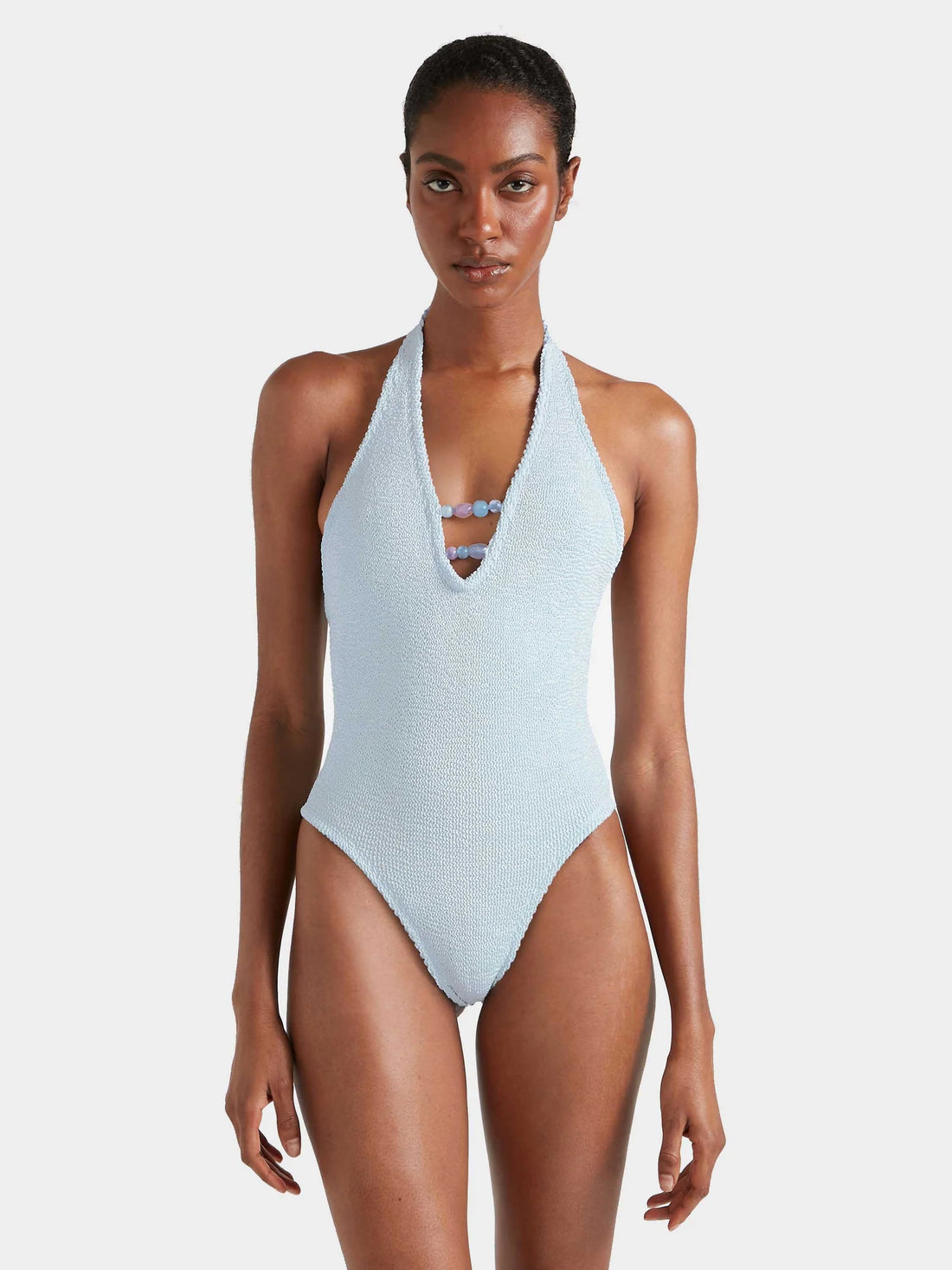 Metallic Ice Blue Adriana Beaded Swimsuit