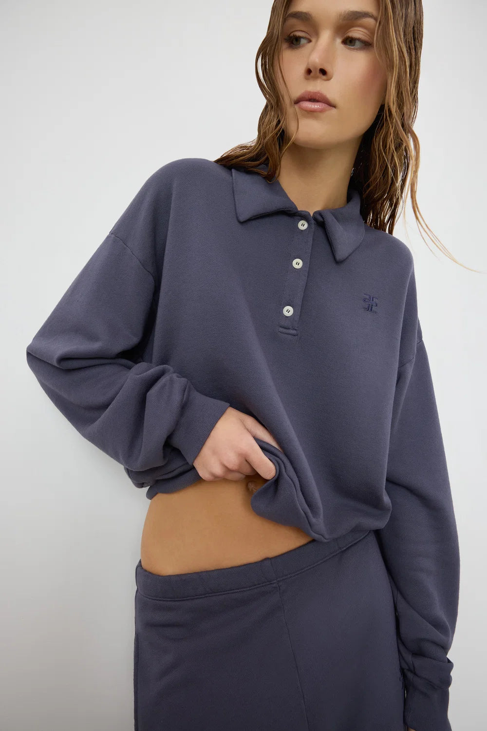 Washed Navy French Terry Cropped Polo Sweatshirt