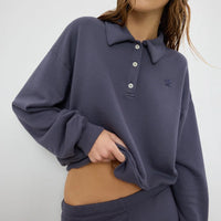 Washed Navy French Terry Cropped Polo Sweatshirt