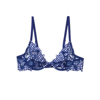 Starry Blue Gingham Lily Embroidery Demi Bra