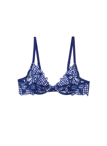 Starry Blue Gingham Lily Embroidery Demi Bra