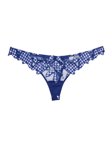 Starry Blue Gingham Lily Embroidery Thong