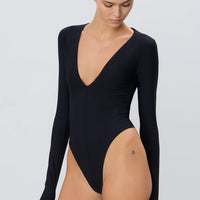 Black Cotton Modal Long Sleeve Deep-V Bodysuit
