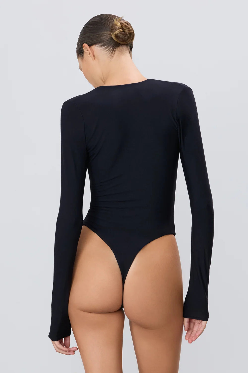 Black Cotton Modal Long Sleeve Deep-V Bodysuit