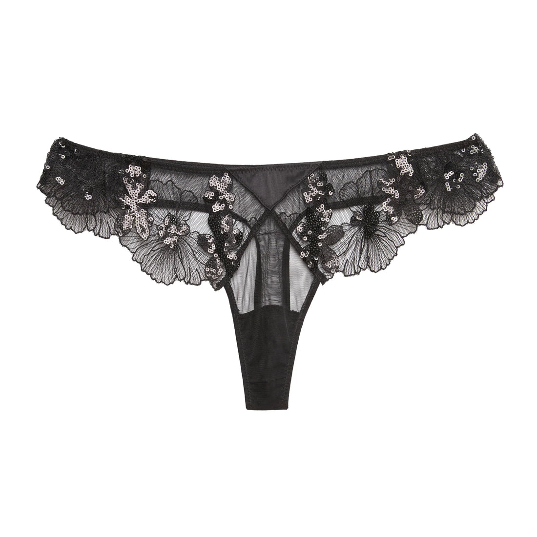 Black Sequin Violet Embroidery Thong